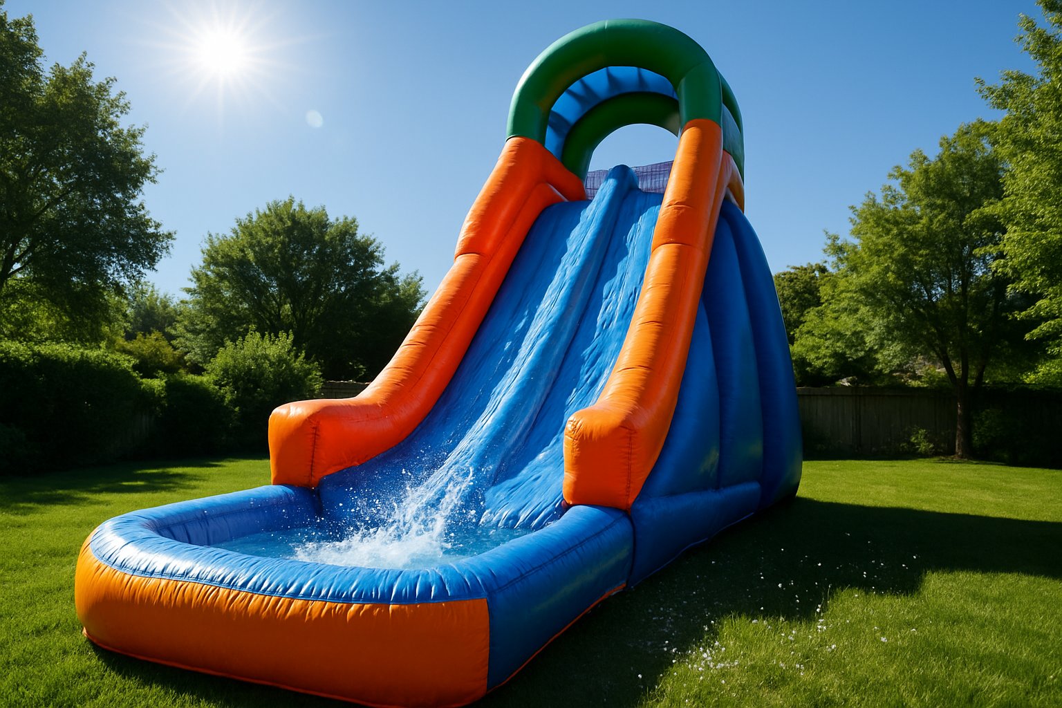Tall inflatable water slide with a splash pool sparkling in the summer sun