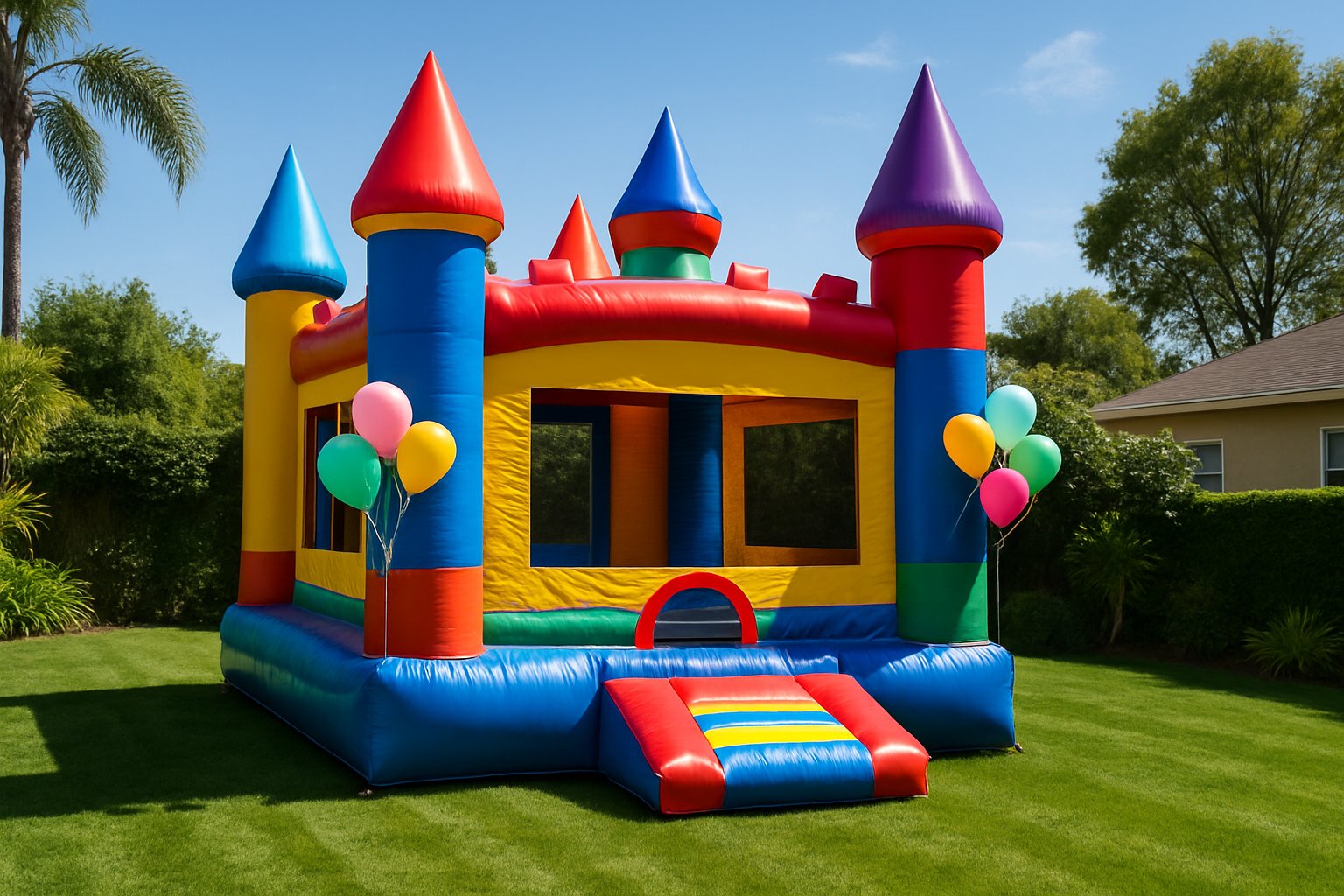 Colorful castle bounce house inflated on a backyard lawn with balloons at the entrance