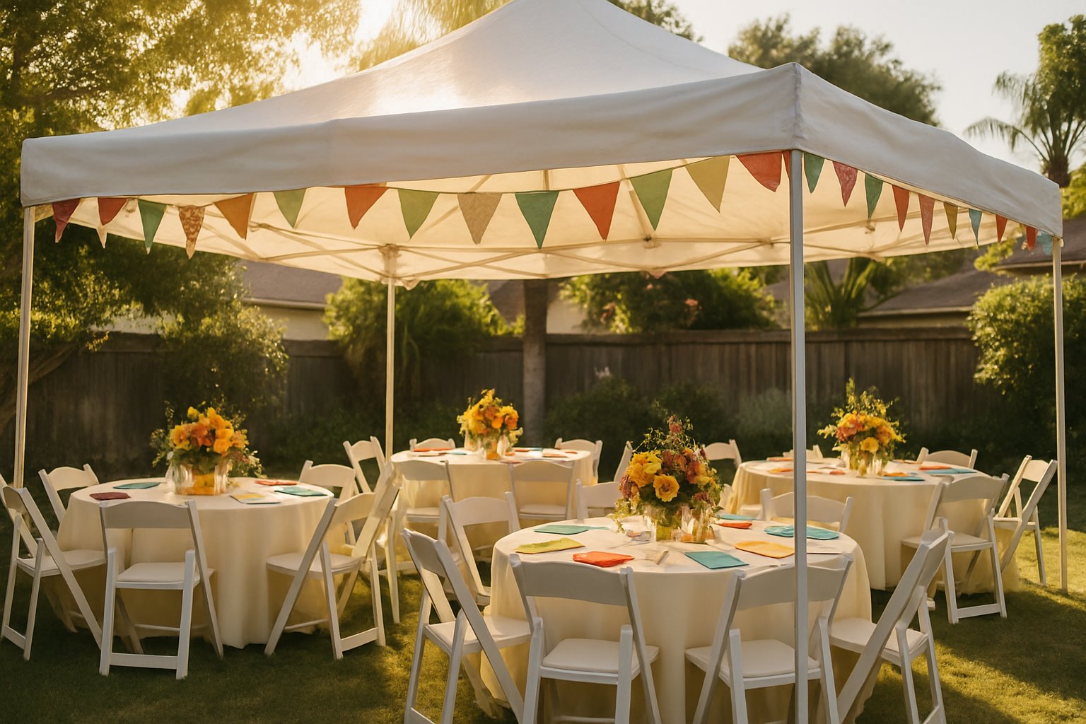 White event canopy set up over decorated party tables in a sunny backyard