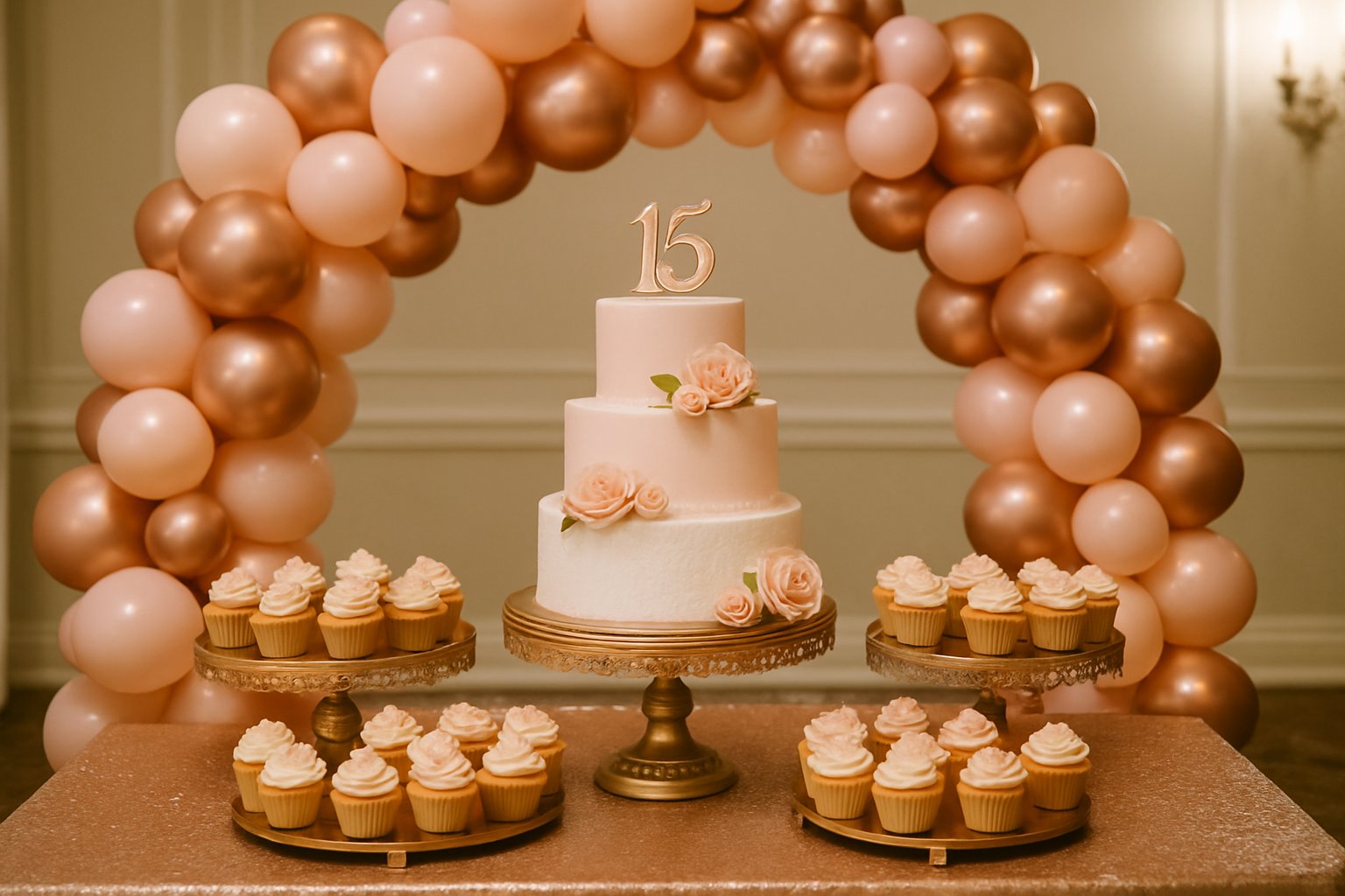 Quinceañera dessert table with a pink tablecloth, tiered cake stand and balloon arch