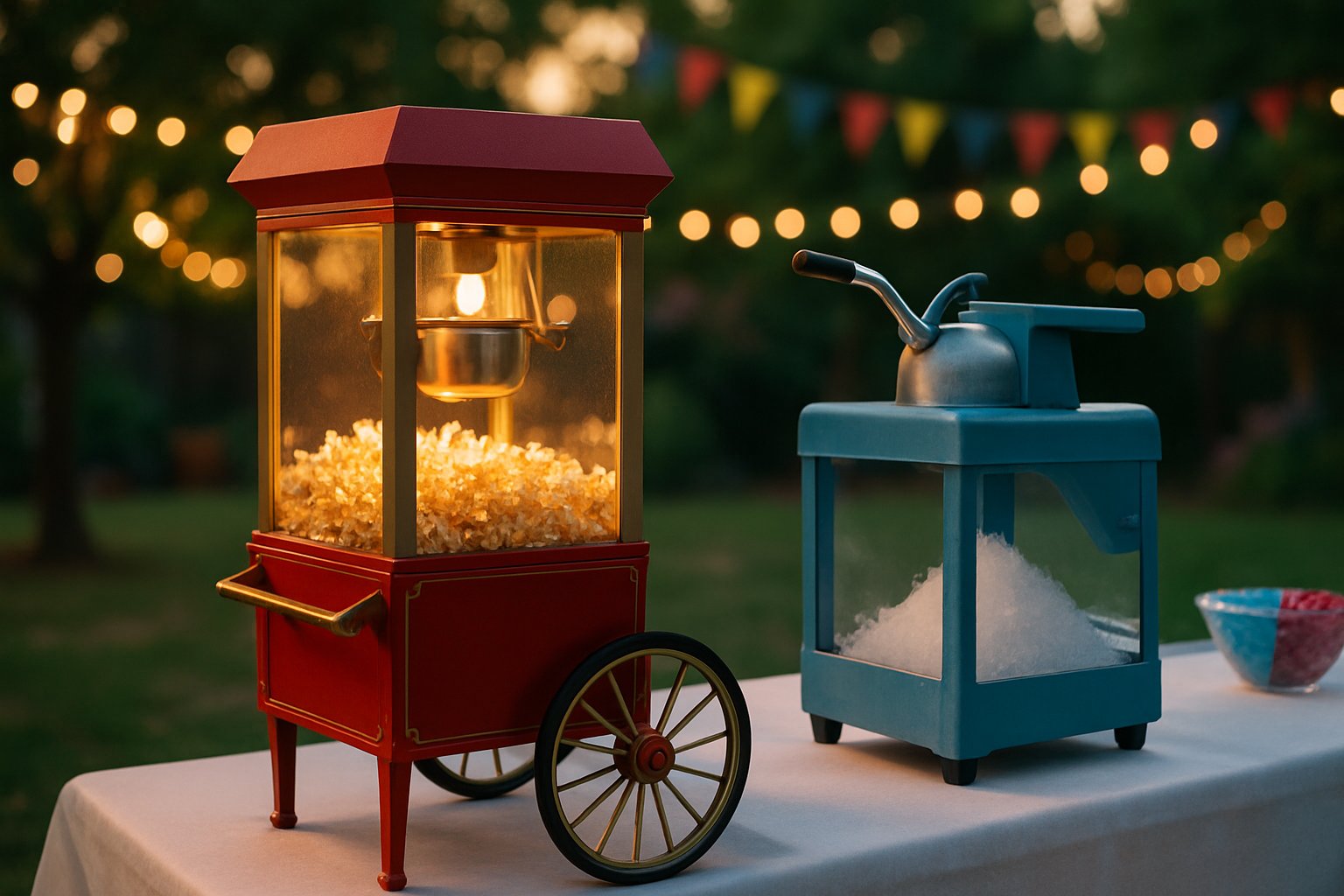 Vintage-style popcorn machine next to a snow cone machine on a party table
