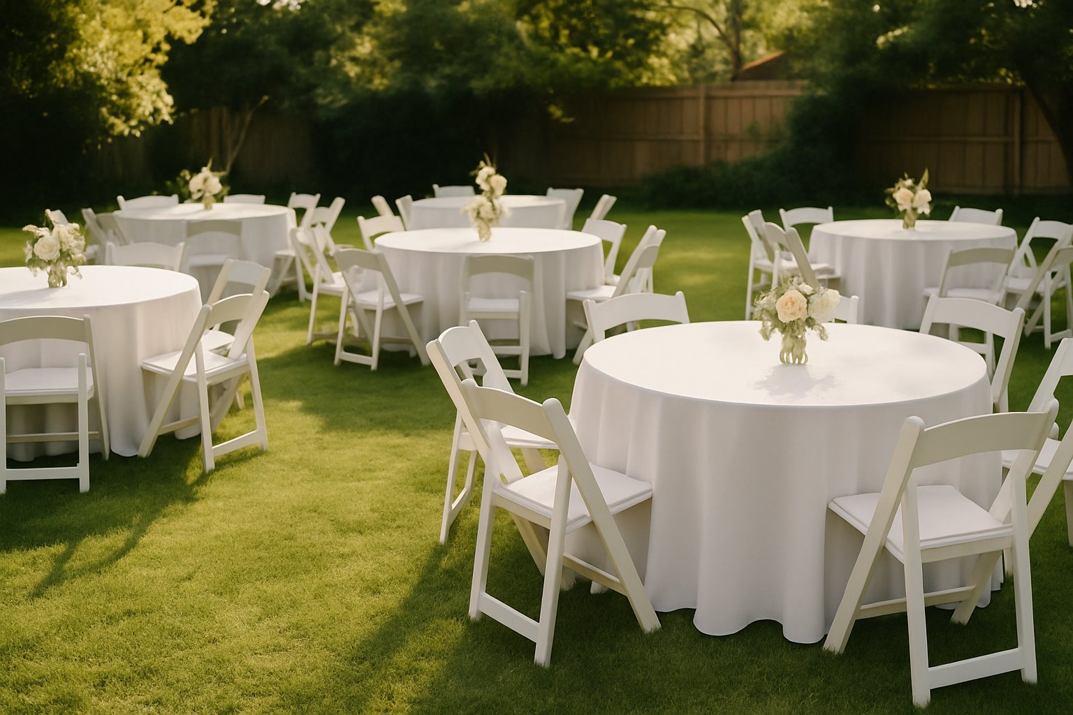 Rows of round party tables with white folding chairs arranged on a backyard lawn