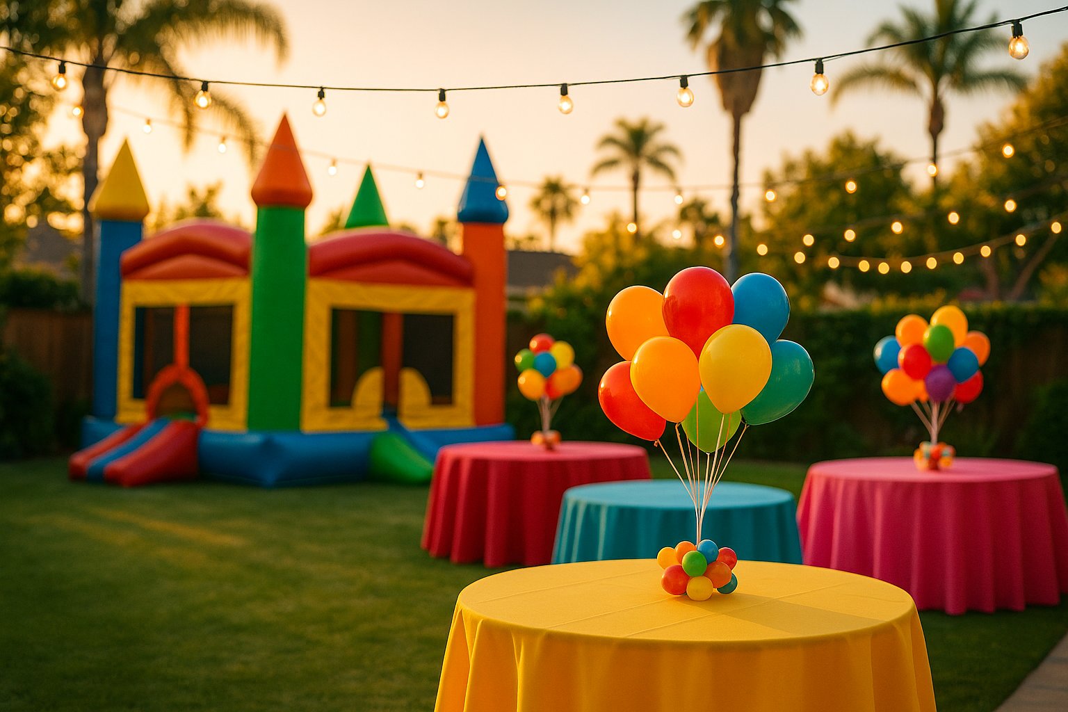 Backyard party setup with a colorful bounce house, tables with bright linens and string lights at sunset